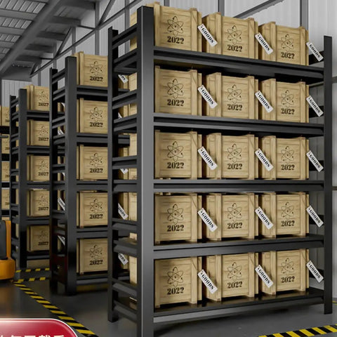 Heavy Duty Six Tier Garage Shelving Units Rock Solid Steel Storage Rack displaying boxes in a warehouse setting, 1980 lb capacity.