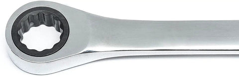 Close-up of 17 Piece XL Gear Box Double Box End Ratcheting Wrench Set metric for pros, heavy duty chrome finish, shows ratchet detail.