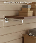 Heavy Duty Slotwall Shelf Brackets For 18mm Slatwall Channels, Silver Iron, supporting a wooden shelf with boxes