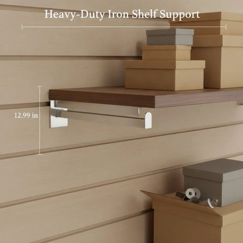 Heavy Duty Slotwall Shelf Brackets For 18mm Slatwall Channels, Silver Iron, supporting a wooden shelf with boxes