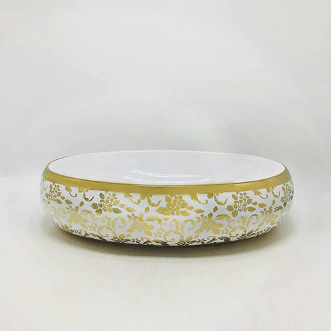 Real Deal Oval Vessel Sink, Solid Ceramic Bathroom Basin With Sleek Gold Finish, modern design with floral accents.