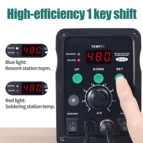 Digital display of 2 In 1 Rework Station For SMD Soldering And Hot Air Rework, precise PID temperature control, 220V power.