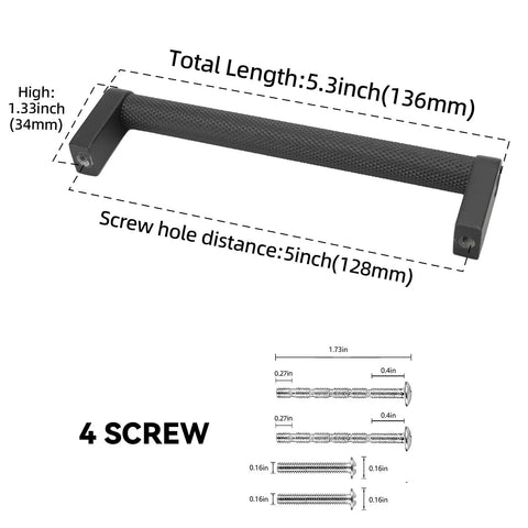 Detailed diagram of 10 Pack 5 Inch Matte Black Knurled Cabinet Pulls For Cabinets And Drawers, highlighting dimensions and screws.