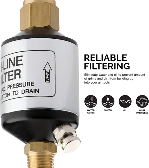 Close-up of Water And Oil Separator For Air Line 2 Pack One Quarter Inch NPT Inlet And Outlet 150 PSI Air Compressor Accessory