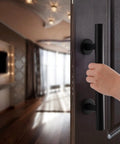 Close-up of 2 Pack Sliding Barn Door Handle Set Carbon Steel Pull And Flush Hardware 12 Inch Heavy Duty on an open door.