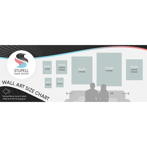 Wall art size chart showing various dimensions for Stupell Home Decor pieces, including wood and canvas options.