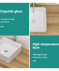 White Ceramic Square Vessel Bathroom Sink close-up showing exquisite glaze and high-temperature burn finish on wood countertop.