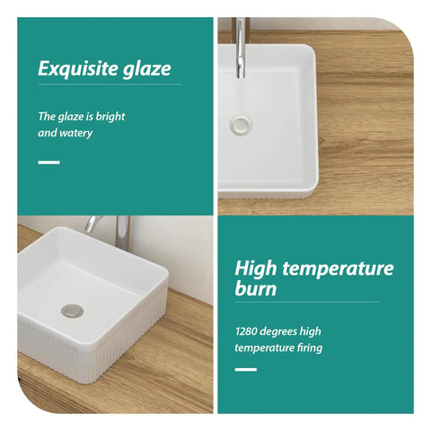 White Ceramic Square Vessel Bathroom Sink close-up showing exquisite glaze and high-temperature burn finish on wood countertop.