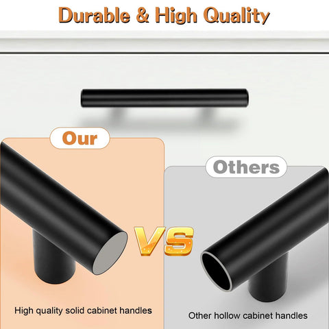 Black 5 Pack 3-3/4 Inch Hole Centers Solid Stainless Steel Round T Bar Cabinet Pulls with smooth edges and comfortable grip