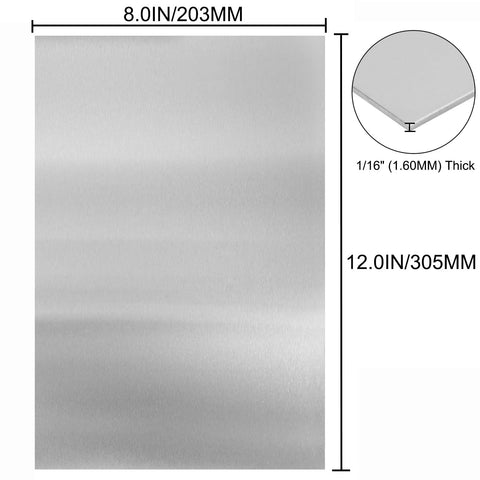 304 stainless steel sheet, 8 x 12 in, 1/16 in thick (1.6 mm), snow-frosted finish.