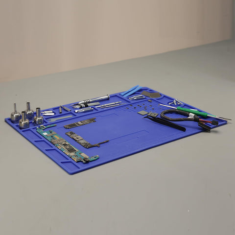 Blue Heat Resistant Soldering Mat With Storage Slots Built In Ruler Magnetic Zones PCB Slot Bendable Silicone Work Surface 17.32x12.20 Inches