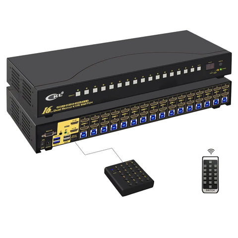 Boss Level Dual Monitor KVM Switch Delivering HDMI 4K At 60Hz Seamlessly Controls Up To 16 Computers And Laptops From One Standalone Desk Station Featuring USB 3.0 Hub Hotkey Swapping Audio Ports Ready To Roll Out, with remote control.