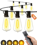 Outdoor String Lights 100Ft Remote Dimmable, Waterproof Connectable Edison Style ST38 Bulbs with remote control in hand