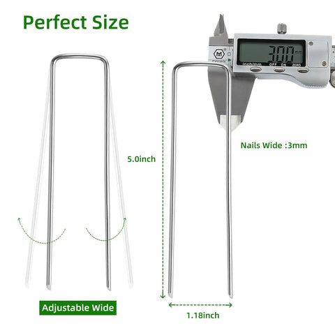 Tough As Nails Heavy Duty Galvanized 5 Inch Lawn Staples 11 Gauge U Shaped Ground Spikes with caliper measurements