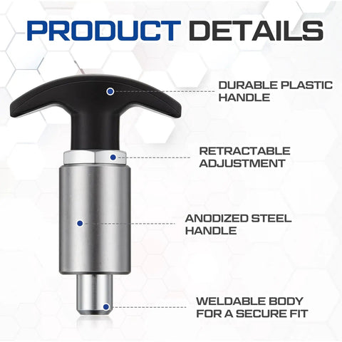 Product image of Two Pack Spring Loaded T Handle Pull Knobs With Badass Grip Built Tough As Nails For Welding Tables and Garage Shelves Locking Steel Shank Shock Proof Plastic Design Half Shank 3 15 Inches Long, featuring durable plastic handle and anodized steel body.