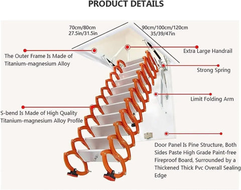 Slick Pull Down Attic Ladder Featuring Smooth Glide Telescopic Rails And Heavy Duty Antislip Base for easy ceiling access details.
