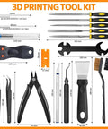 50-piece 3D printer tool kit with case; front view showing nozzle cleaners, scrapers, files, brushes, and pliers