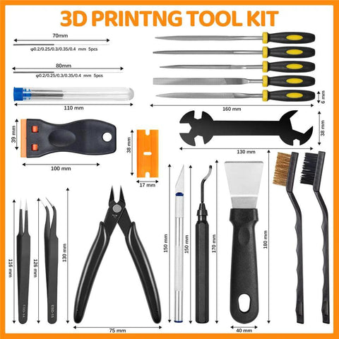 50-piece 3D printer tool kit with case; front view showing nozzle cleaners, scrapers, files, brushes, and pliers