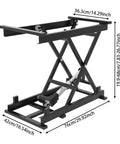 Heavy Duty Electric Lift Table Platform Cart 350 Pound Capacity Adjustable Height Range, black steel framework with measurements.