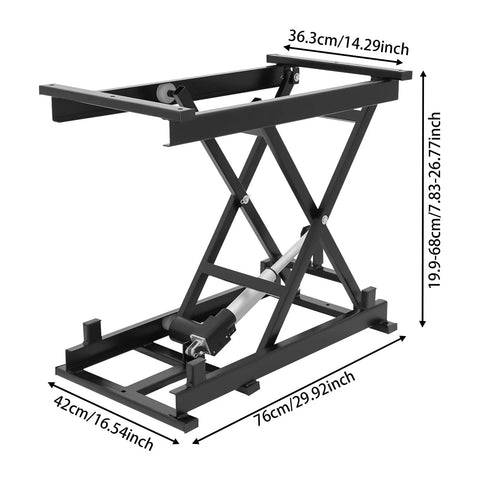 Heavy Duty Electric Lift Table Platform Cart 350 Pound Capacity Adjustable Height Range, black steel framework with measurements.