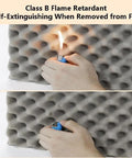 Top Tier Self Adhesive Acoustic Foam Panels Sick Soundproofing Tiles For Home Studio And Music Room Wall Sound Dampening Pads Low Odor Polyurethane Egg Crate Design Mat Black being tested for flame resistance.