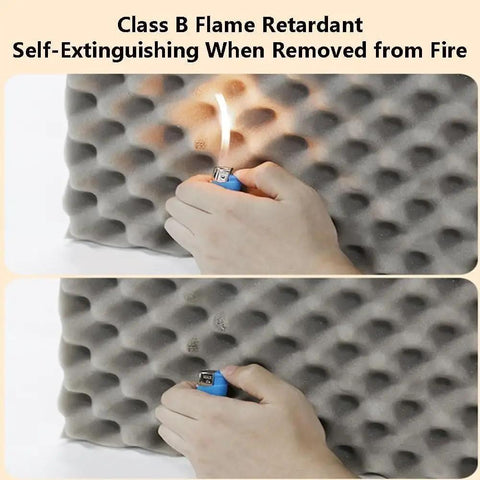 Top Tier Self Adhesive Acoustic Foam Panels Sick Soundproofing Tiles For Home Studio And Music Room Wall Sound Dampening Pads Low Odor Polyurethane Egg Crate Design Mat Black being tested for flame resistance.