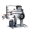 Badass 2HP Variable Speed Belt Sander And Knife Grinder Rig With Straight Frequency Drive, displaying adjustable work platform.