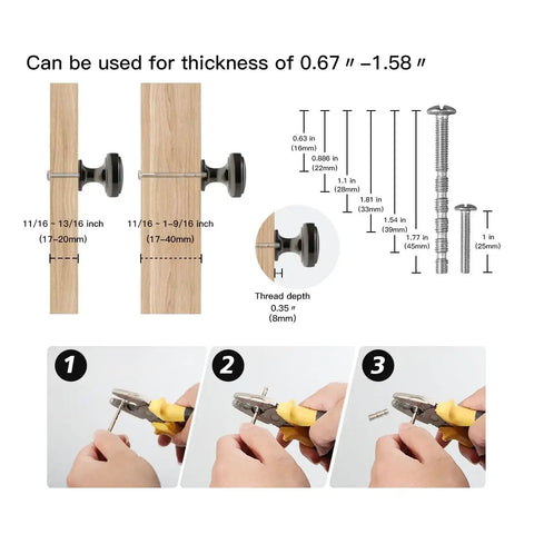 Installation guide for Six Pack Dope Polished Black 1.1 Inch Round Cabinet Knobs Solid Zinc Alloy Drawer Pulls with screws and measurements