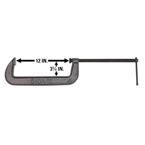Heavy Duty 12 Inch C Clamp With 3 5 Eighths Inch Throat 2850 Lbs Clamping Force Ductile Iron Frame Black Oxide Spindles And Pads Model 540A 12