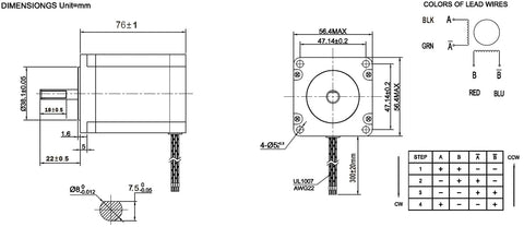 Technical drawing of Nema 23 CNC stepper motor with dimensions
