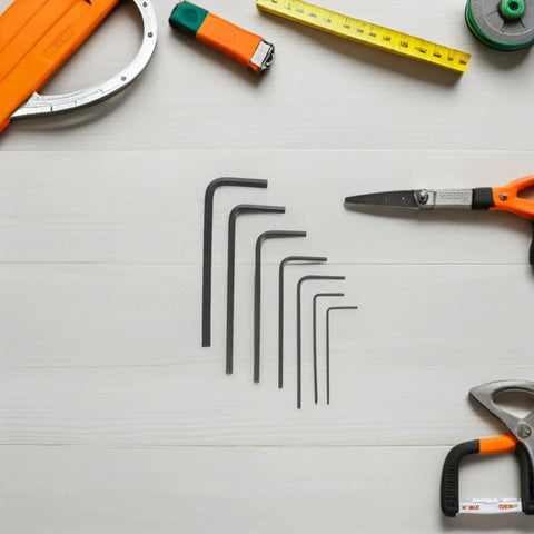 Top Notch 7pcs Mini Metric Hex Key Set From 0.7 To 3mm, Sturdy Metal Wrench Kit For Precision DIY Jobs And Quick Electronics Repair Without Breaking The Bank. Black metal hex keys arranged on a white surface