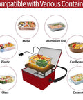 Compact 110V Portable Food Warmer compatible with metal, foil, plastic, cardboard, glass, and ceramic containers, red color.