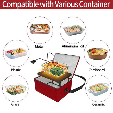 Compact 110V Portable Food Warmer compatible with metal, foil, plastic, cardboard, glass, and ceramic containers, red color.