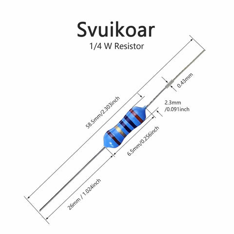 1/4W resistor dimensions, part of the 80 Value 1600 Pcs Metal Film Resistor Kit With Thick Copper Leads 0.43 mm For DIY Electronics Projects