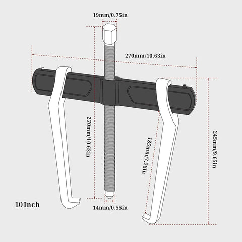 Diagram of 10 Inch 2 Jaw Gear Puller For Internal And External Removal Of Pulleys Bearings And Gears showing dimensions.