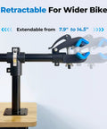 Heavy Duty Bike Repair Stand With Bench Mount For Home Garage Use Easy Clamp And Workbench Setup Perfect For Road And Mountain Bikes MTB Maintenance Rack Quick Adjustments Durable Black showing retractable clamp extending 7.9 to 14.5 inches