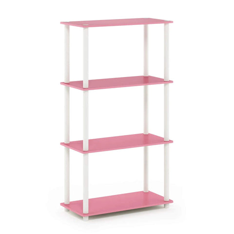 Turn-N-Tube 4-Tier Corner Storage Shelves With Toolless Open Design, Space-Saving Book Organizer For Living Room, Bedroom, Entryway, Hallway, And Laundry, Easy Assembly Without Tools, Soft Pink Finish, Wide Shelves For Books Decor And Baskets. 4-tier soft pink shelf with white posts