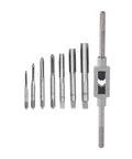 Top Notch Metric Hand Tap Wrench Set With Adjustable Reamer From M3 To M12, Bearing Steel Grip displayed with nine various sized taps.