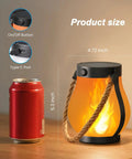 Gen2 Solar Lanterns Outdoor With Ultra Real Flame next to soda can, showing 4.72 inch width and 5.3 inch height, USB-C port visible.