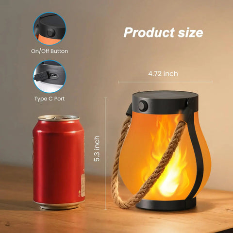 Gen2 Solar Lanterns Outdoor With Ultra Real Flame next to soda can, showing 4.72 inch width and 5.3 inch height, USB-C port visible.