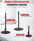 Round Base Light Stand Monopod for Cameras and Lighting, 79 Inch Tall, Space Saving Studio Rig, shown with different height options.