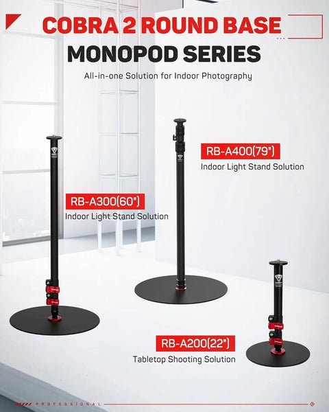 Round Base Light Stand Monopod for Cameras and Lighting, 79 Inch Tall, Space Saving Studio Rig, shown with different height options.