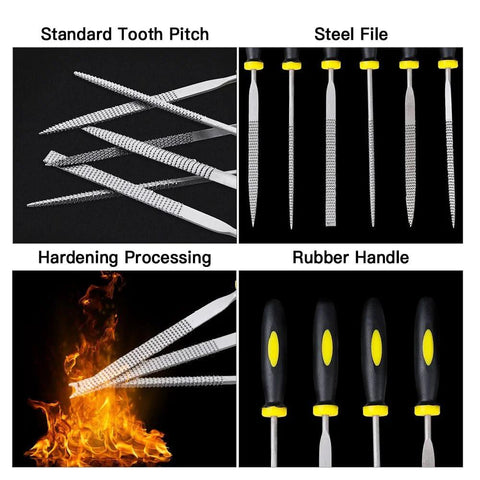 Six 140mm metal rasp needle files set for wood carving and steel filing; textured shafts, yellow-rim rubber handles