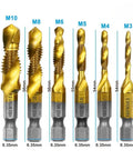 Pro Grade 6 Piece Drill and Tap Set with HSS Titanium Bits displayed in different sizes