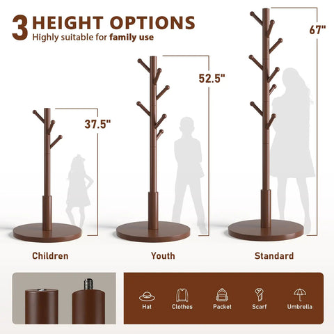 Freestanding Wooden Coat Rack With Eight Rounded Tip Hooks Three Adjustable Heights Hat And Coat Tree Stand For Entryway