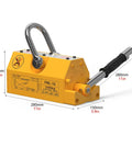 Hella Tough Neodymium Steel Magnetic Lifter With Quick Release Lever And Heavy Duty Safety Block For Scrap Material Handling Up To Two Thousand Two Hundred Pounds Capacity shown from the side with measurements.