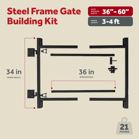 Heavy Duty Full Frame Gate Kit with Steel Hardware and Patented Truss Cable System, 36 to 60 inches, 3 to 4 feet height, components shown