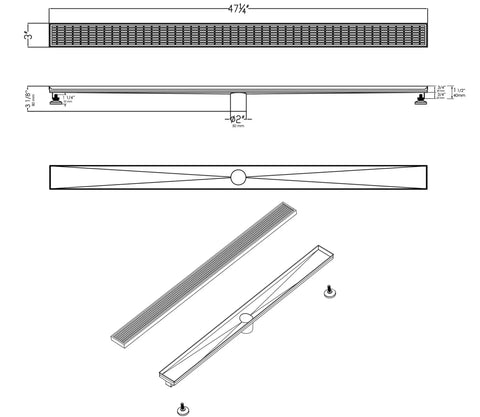 Design diagram of Plug And Play Slick 47 Inch Stainless Steel Linear Shower Drain With Crisp Groove Lines and strainer details.