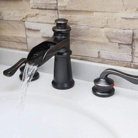 Waterfall Style Widespread Bathroom Faucet With 8 To 16 Inch Mounting Three Hole Two Handles Pop Up Drain Overflow Farmhouse