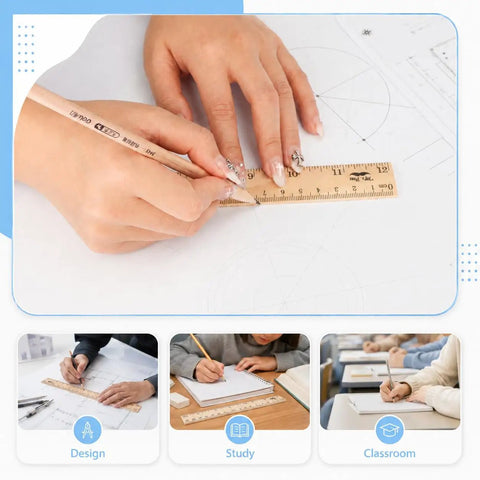 Hands using a pencil and 12-inch wooden ruler with inch markings for design, showcasing Wooden Rulers Bulk Pack 12 Inch Measuring Rulers.